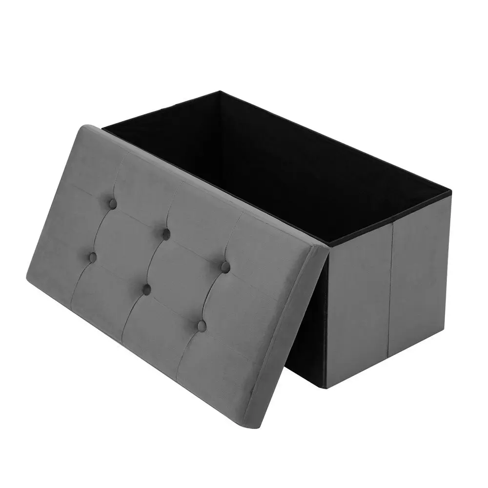 Boxsweden 76x36cm Ottoman Storage Cube Faux Velvet Home Organiser/Stool Grey