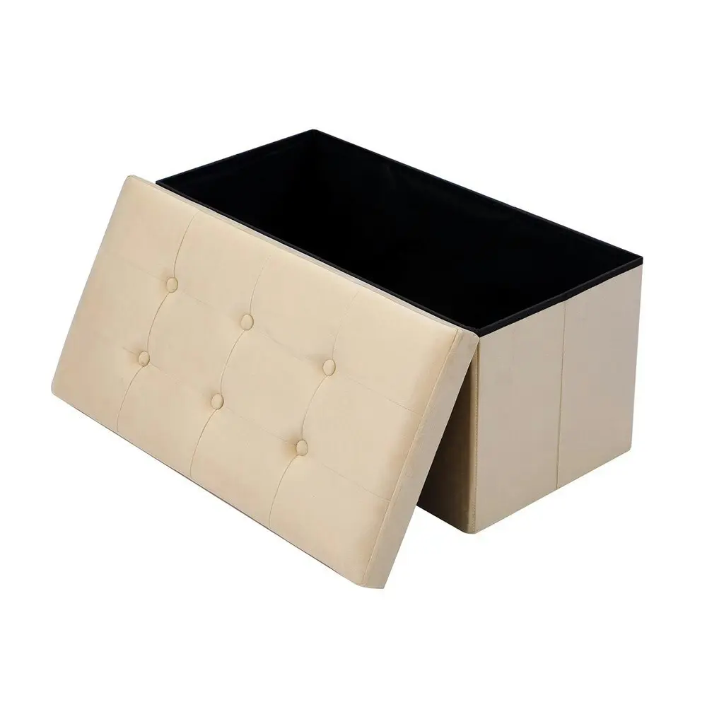 Boxsweden 76x36cm Ottoman Storage Cube Faux Velvet Home Organiser/Stool Cream