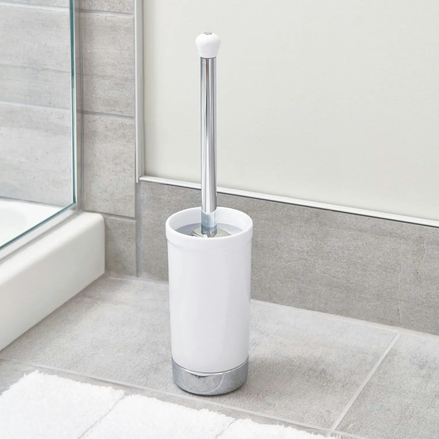 Idesign York Metal Bowl Home Bathroom Toilet Brush w/Holder 45cm White/Chrome