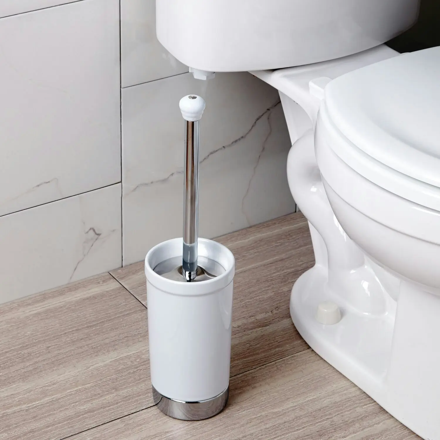 Idesign York Metal Bowl Home Bathroom Toilet Brush w/Holder 45cm White/Chrome