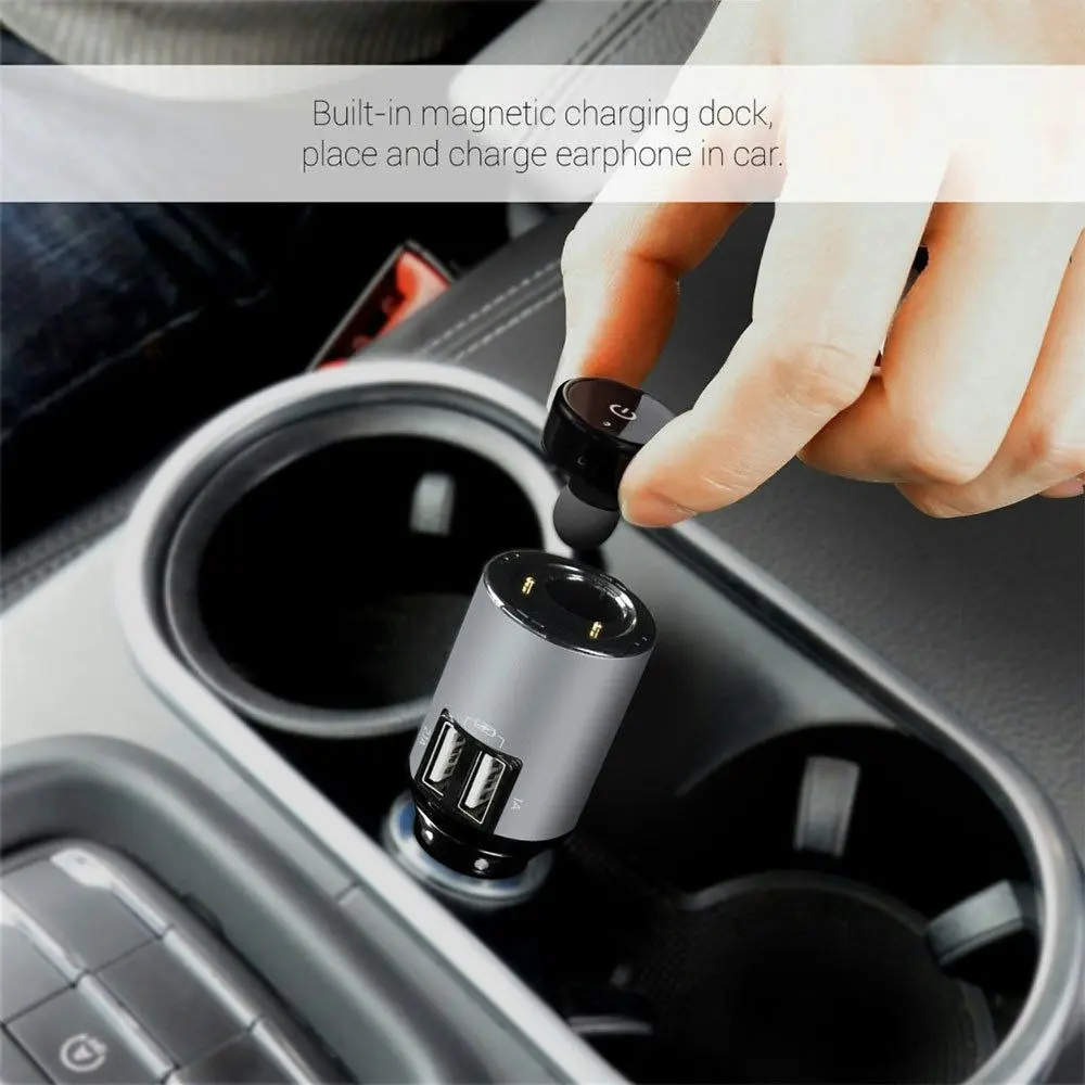 PowerTone Mini Bluetooth/Wireless Earphone w/ Dual USB Port Car Charger Charge