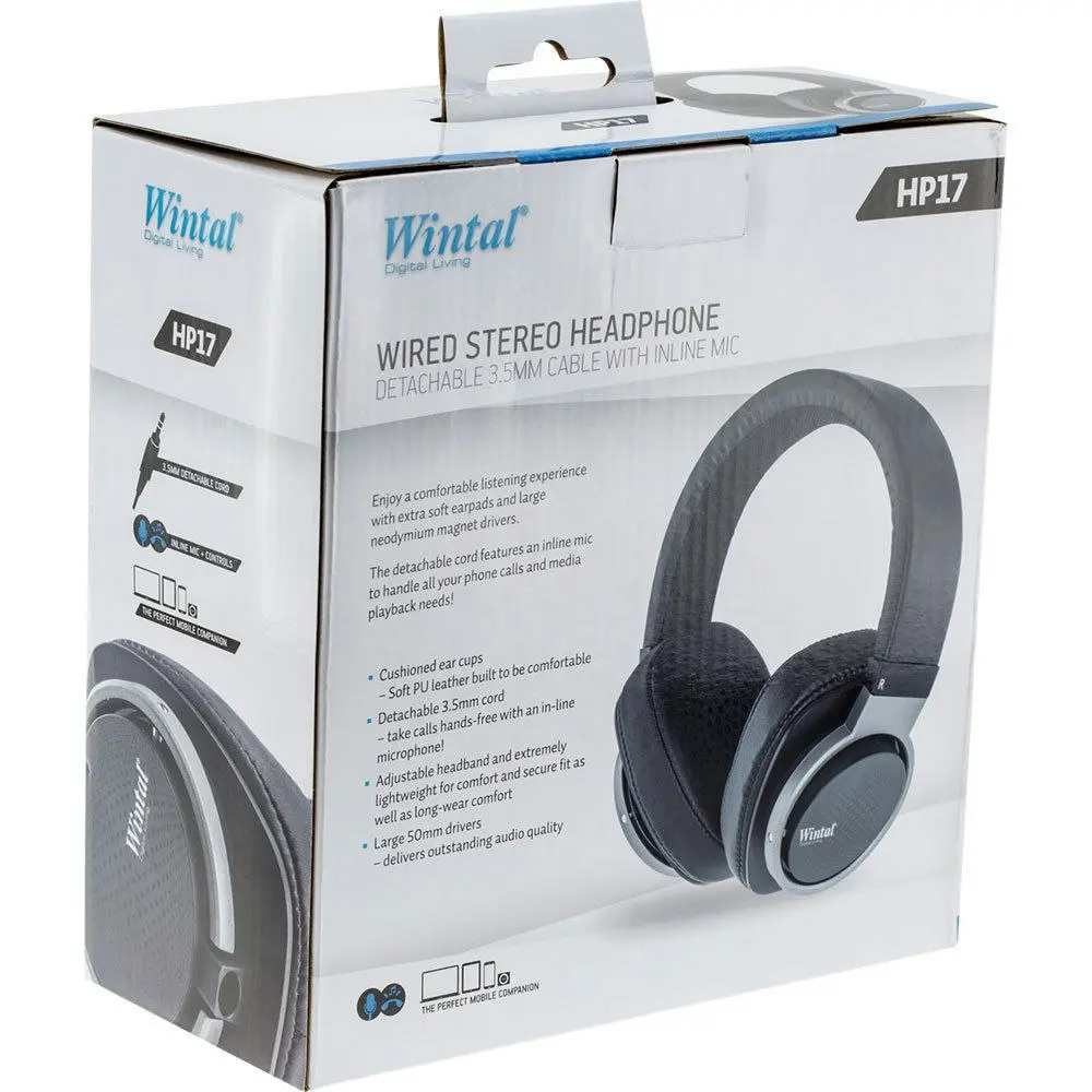 Wintal HP17 On Ear Wired Stereo Headphones w/ In-Line Mic Button Control Black