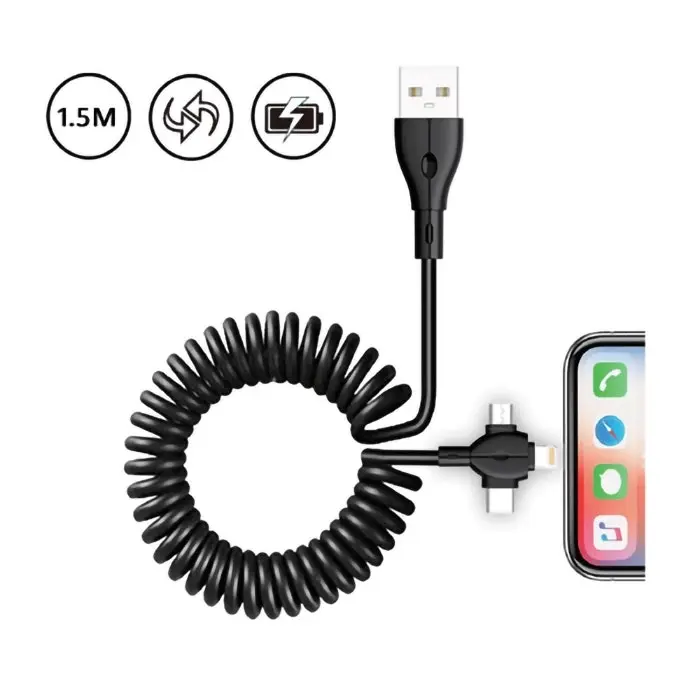 2x Sansai 3in1 USB USB-C Micro Charging Coiled 1.5m Cable for iPad/iPhone Assort