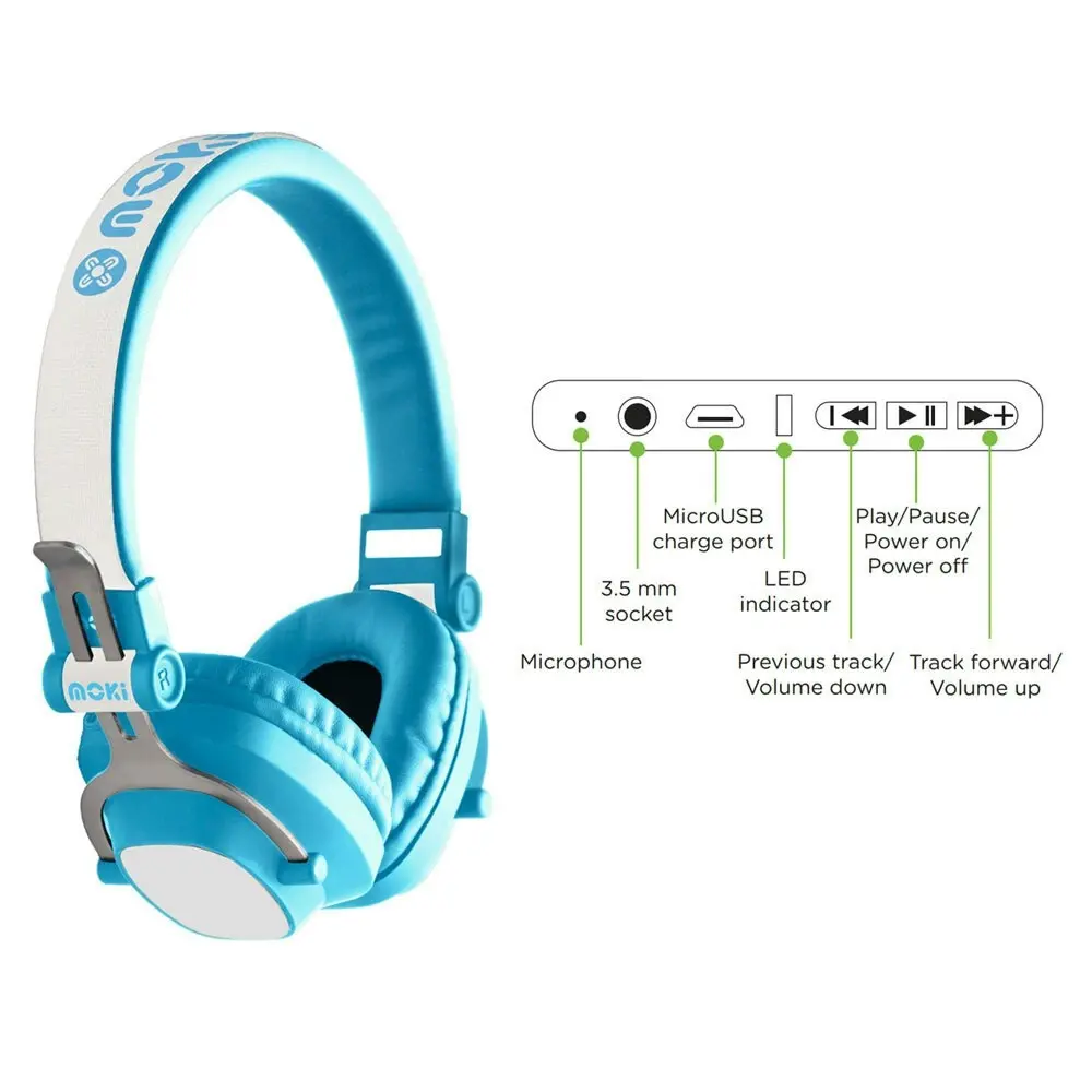 Moki Exo Kids Wireless Bluetooth Headphones On/Over Ear Cup Headband w/ Mic Blue