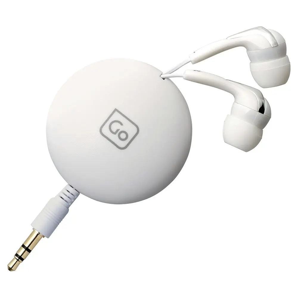 Go Travel Retractable In-Ear Earphones w/Magnetic Clip/3.5mm Jack for Phones WHT