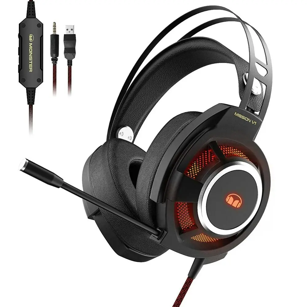 Monster Mission V1 Wired Gaming Headset RGB LED Noise Isolating Mic Headphones