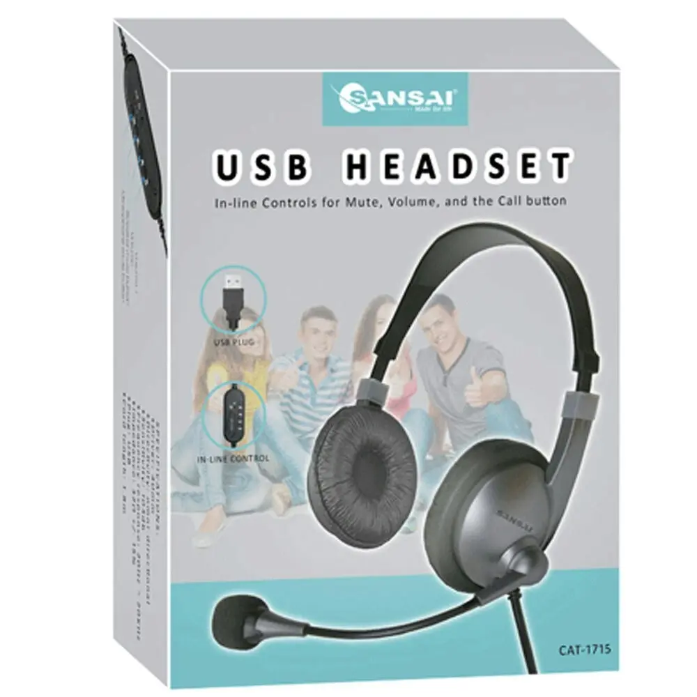 Sansai 1.8m Corded USB-A On Ear Wired Headset w/Microphone In-Line Control Black