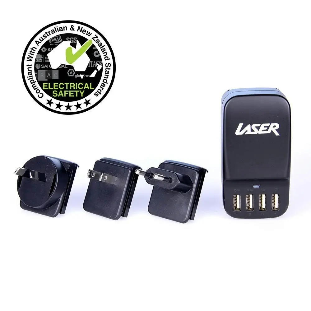 Laser Quad 2.4A USB Wall Travel Charger Adapter AU/USA/EU Interchangeable Plug