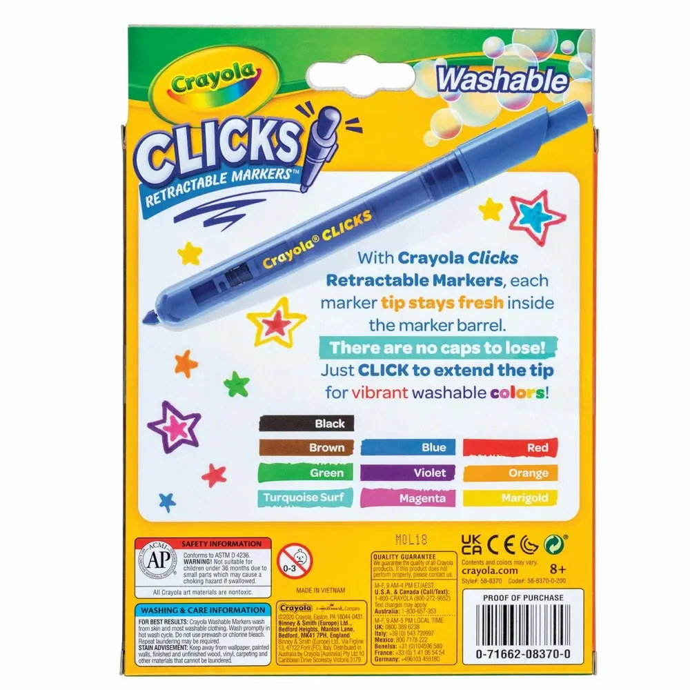 10pc Crayola Clicks Retractable Washable Non Toxic Coloured Markers Art Kids 8y+