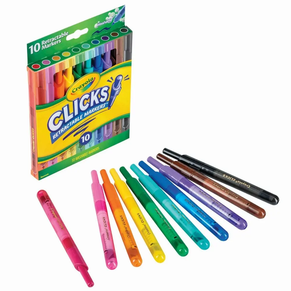 10pc Crayola Clicks Retractable Washable Non Toxic Coloured Markers Art Kids 8y+