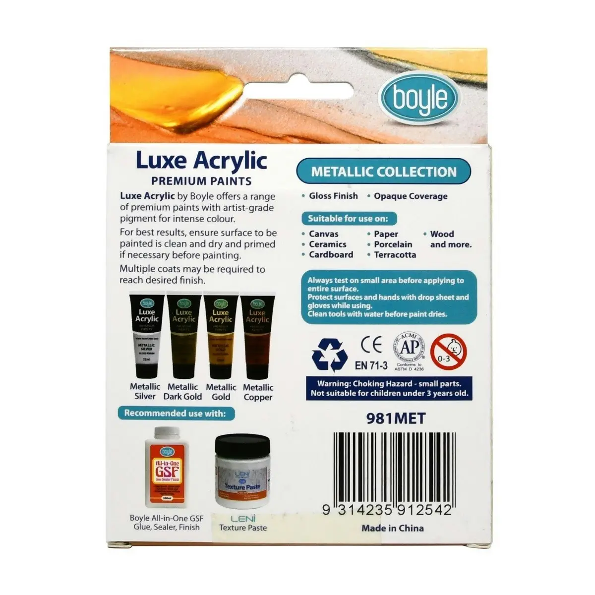 2x 4PK Luxe Acrylic 22ml Premium Water-Based Art Paint Tube Non-Toxic Metallic