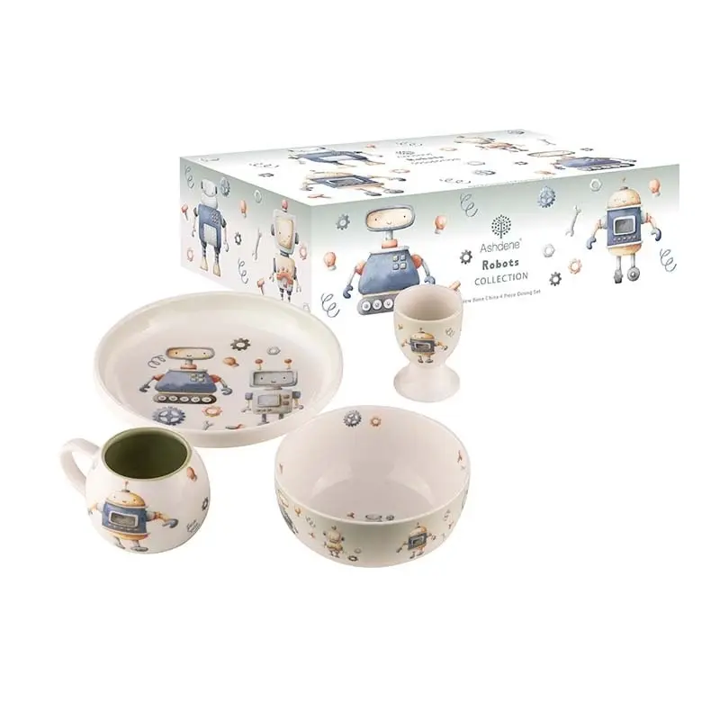 4pc Ashdene Robots Kids Ceramic 200ml Drinking Mug Egg Cup/Bowl & Plate Set