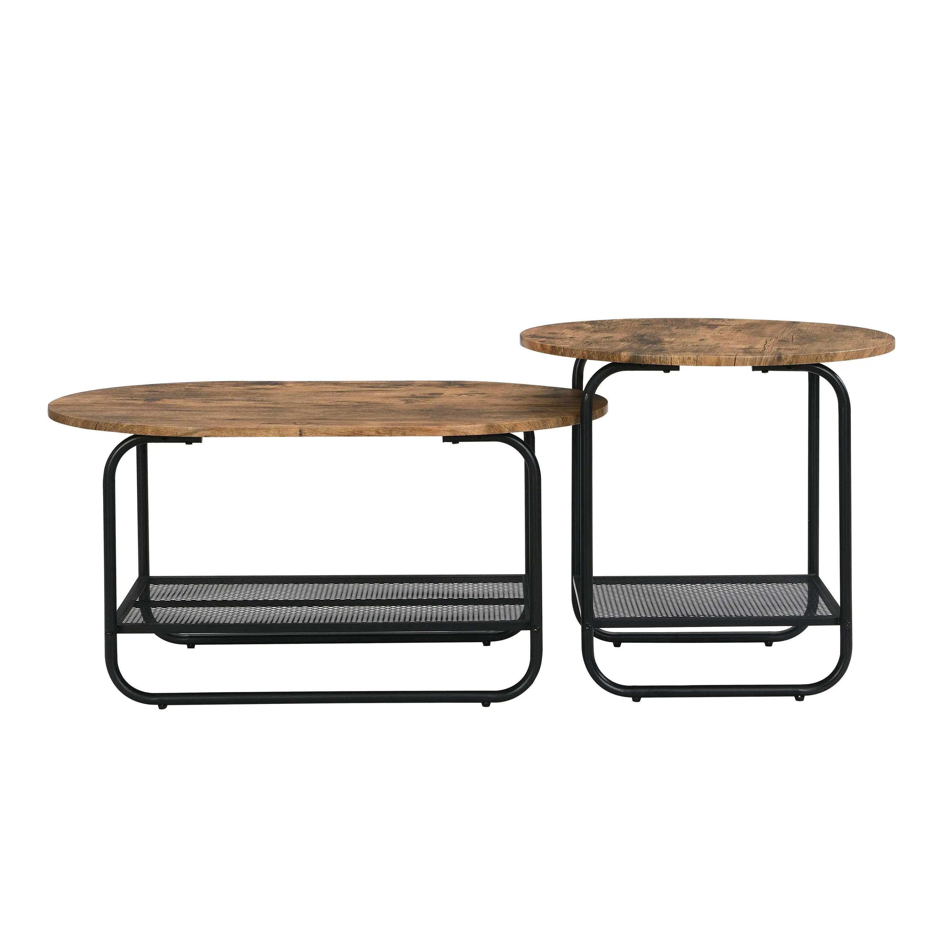 IHOMDEC 2-Tier Coffee Table Wood and Metal Frame Set of 2 Rustic Dark Brown