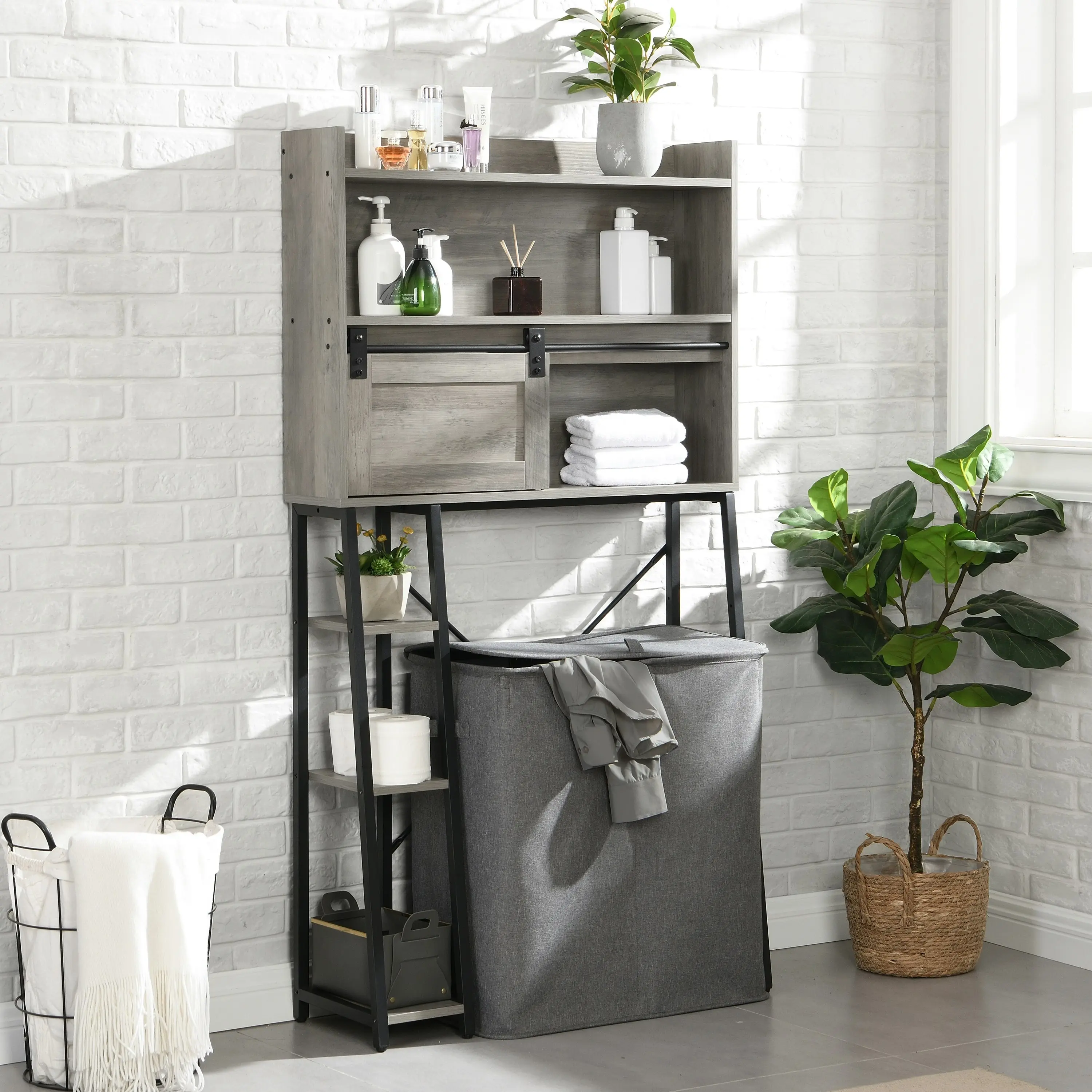 IHOMDEC Bathroom Storage Cabinet with Sliding Barn Door Grey