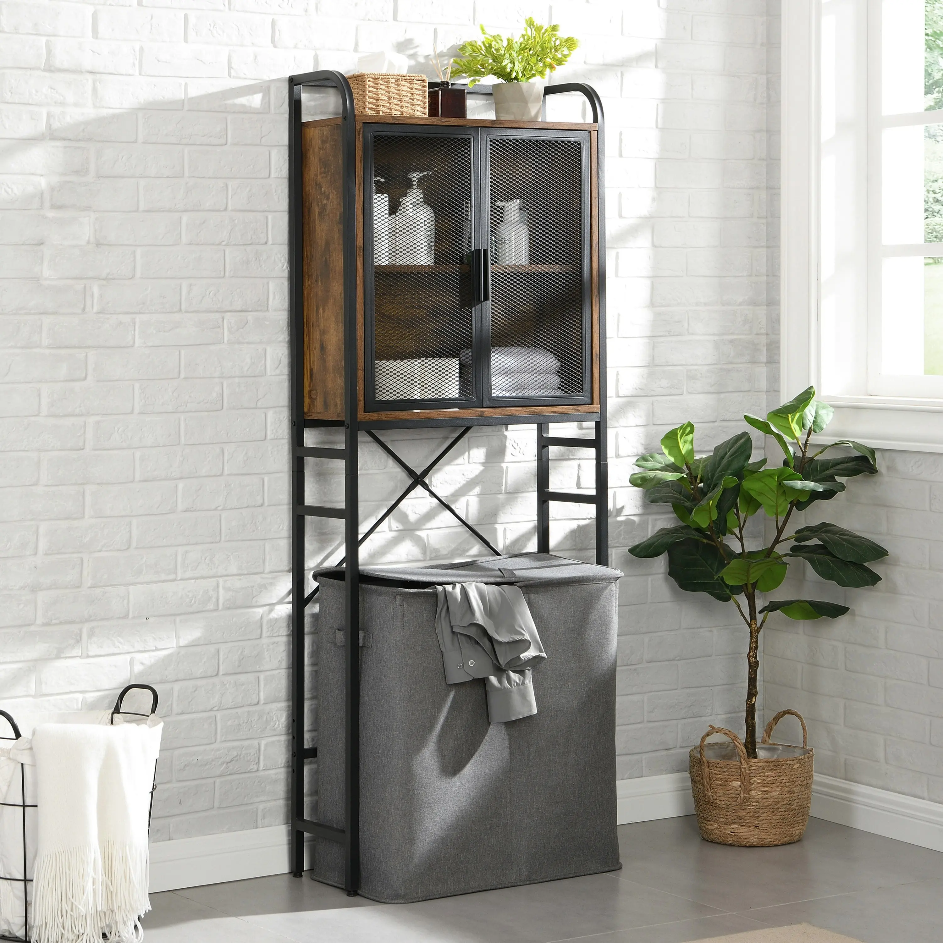 IHOMDEC Freestanding Metal and Wood Industrial Bathroom Storage Cabinet