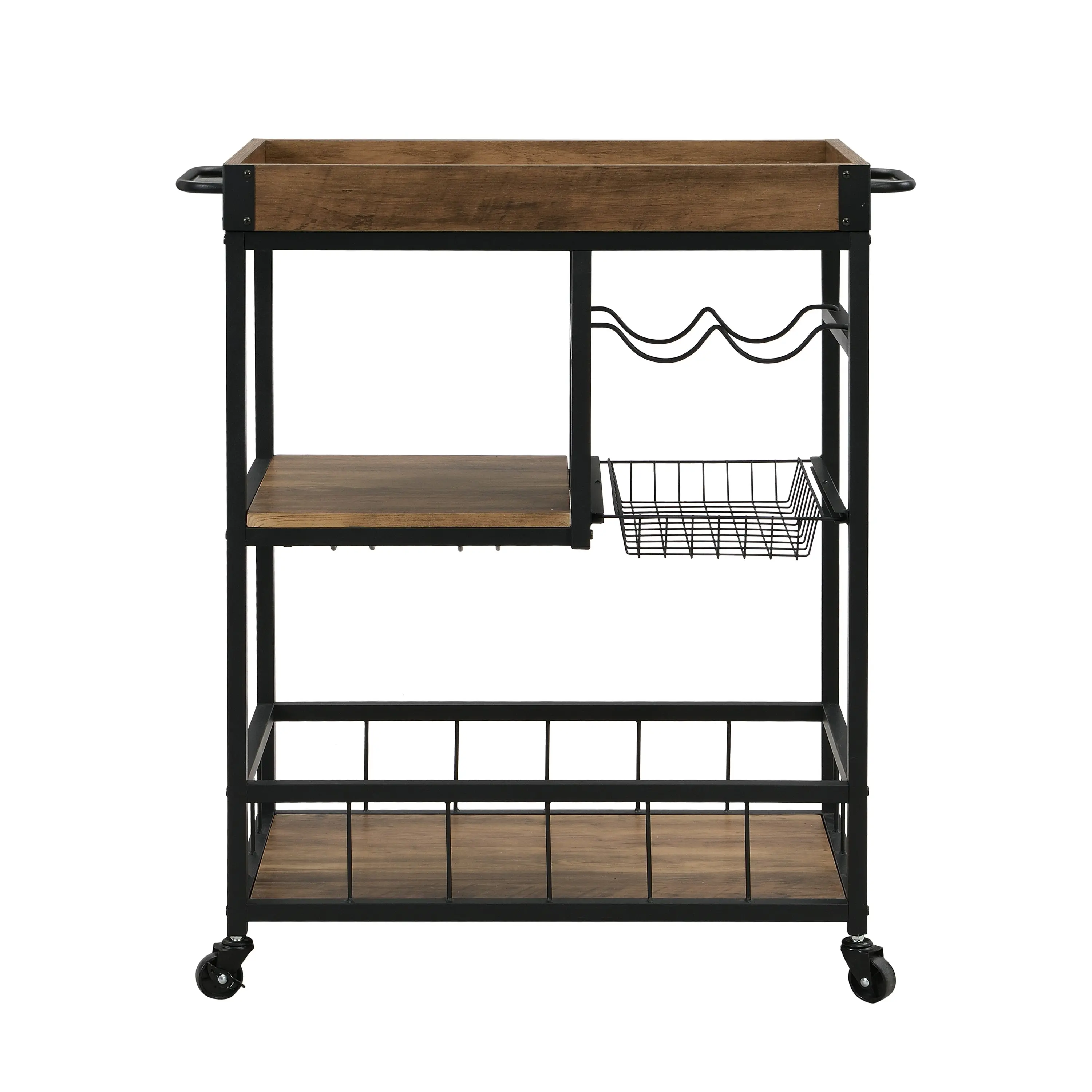 IHOMDEC Industrial 3-Tier Bar Cart Trolley with Glass & Wine Holder Rustic Brown