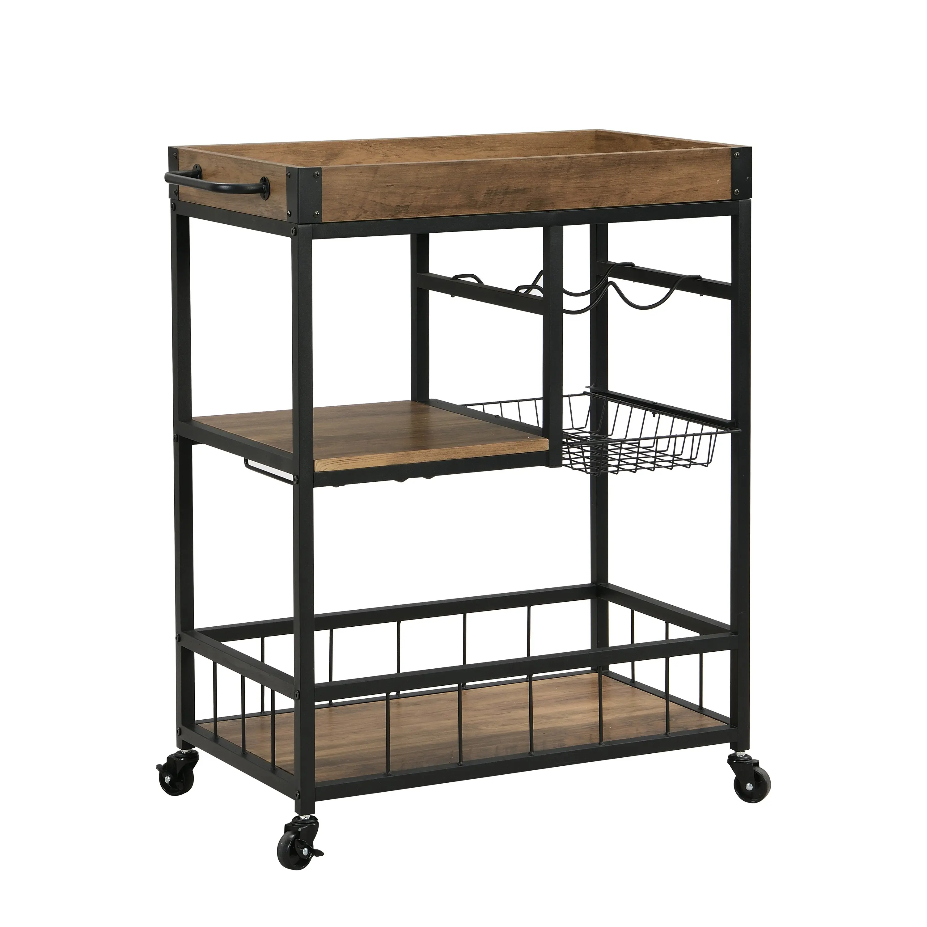 IHOMDEC Industrial 3-Tier Bar Cart Trolley with Glass & Wine Holder Rustic Brown