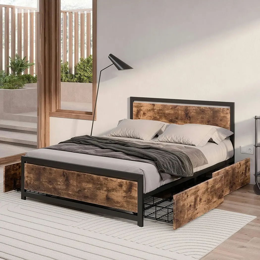 Levede Queen Bed Frame Industrial Mattress Base Wooden 4 Storage Drawers