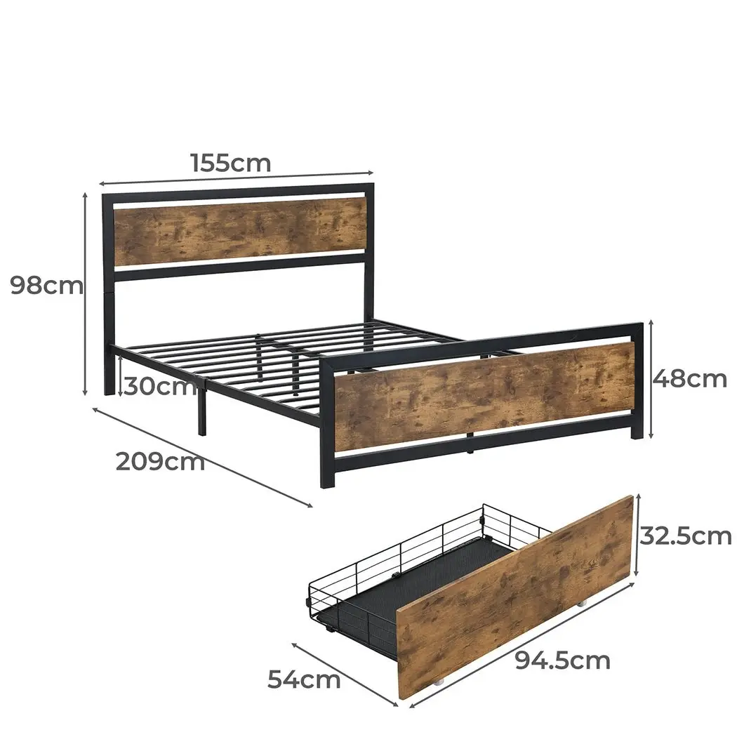 Levede Queen Bed Frame Industrial Mattress Base Wooden 4 Storage Drawers