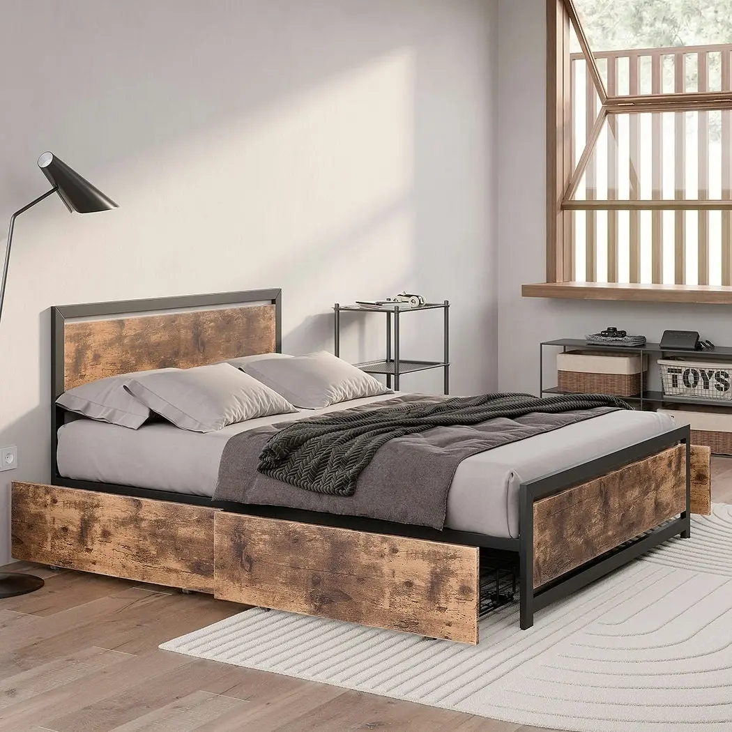 Levede Queen Bed Frame Industrial Mattress Base Wooden 4 Storage Drawers