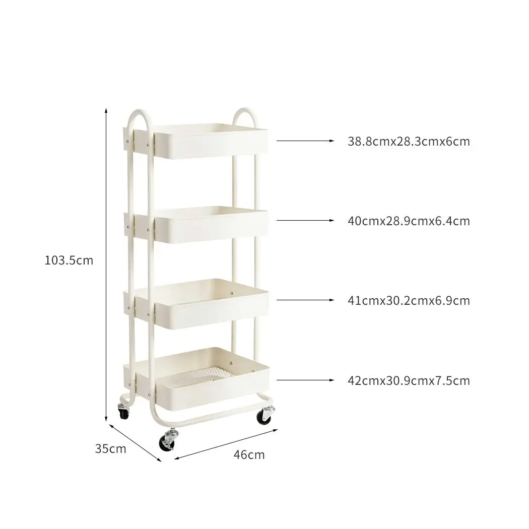 Levede 4 Tiers Kitchen Trolley Cart Steel Storage Rack Shelf Organiser White