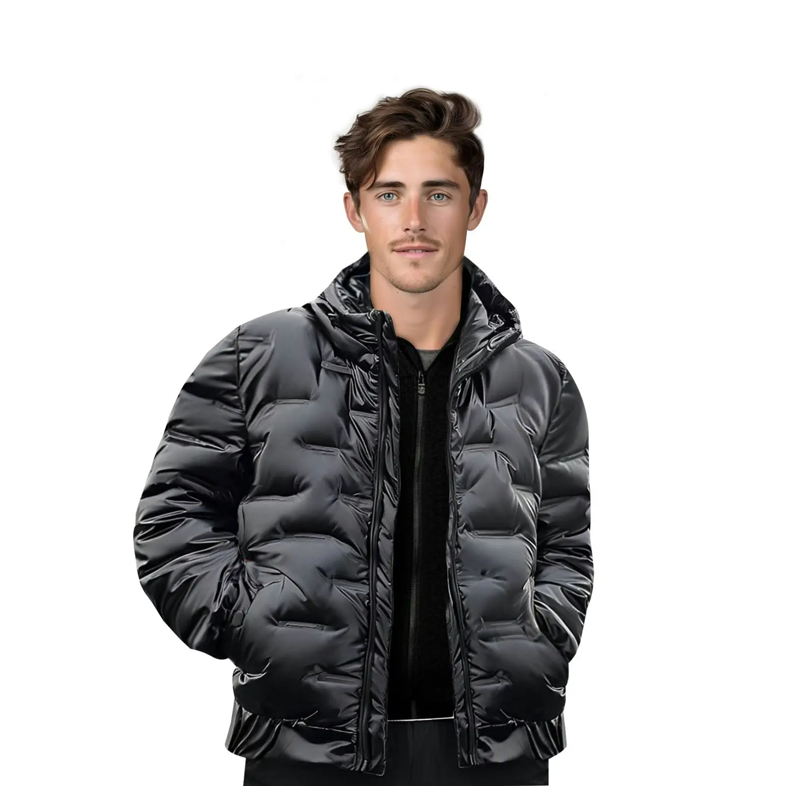 abbee Black Winter Hooded Glossy Down Jacket Stylish Lightweight Quilted Warm Puffer Coat