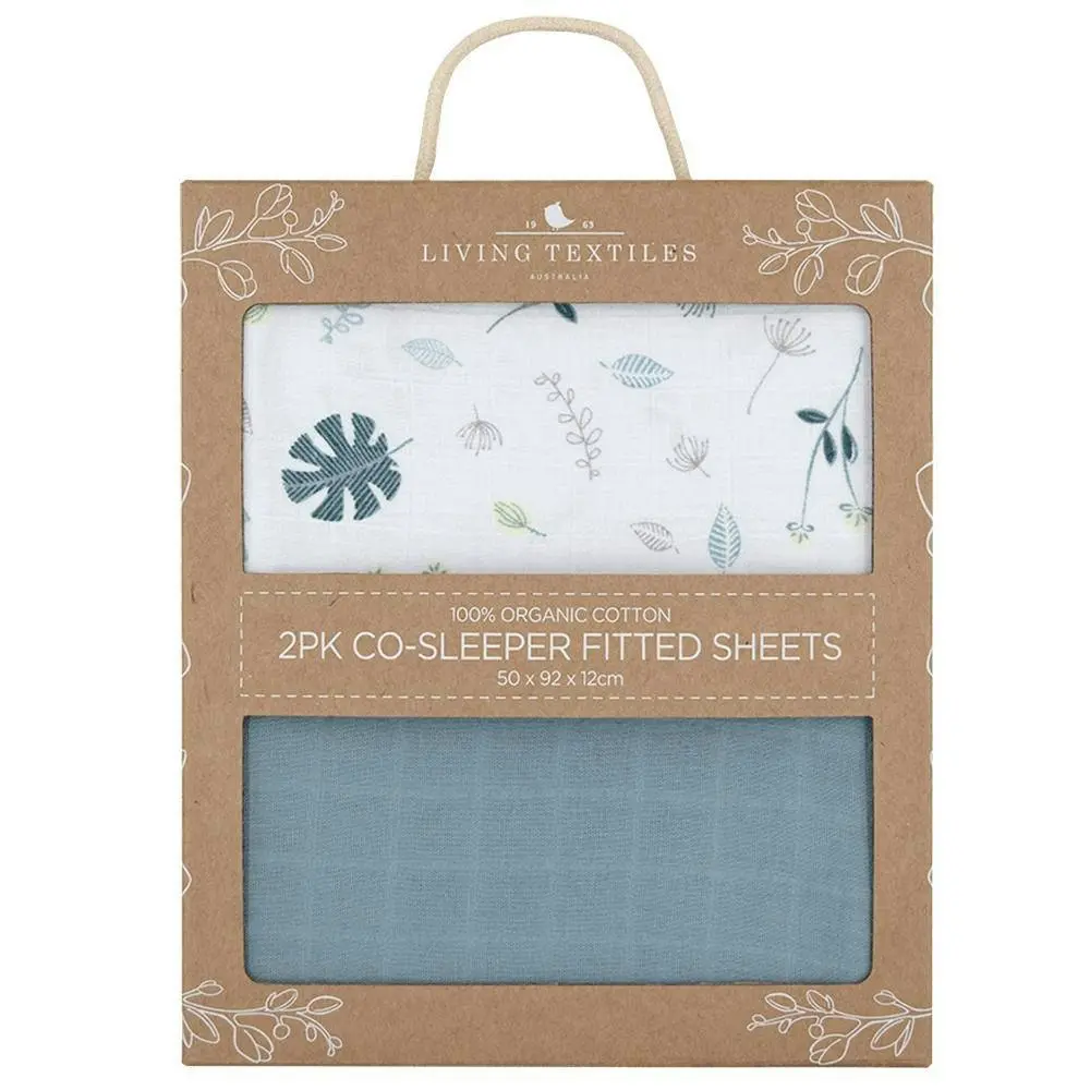 Living Textiles | Organic Muslin Cradle/Co-Sleeper Fitted Sheets 2 Pk - Banana Leaf/Teal