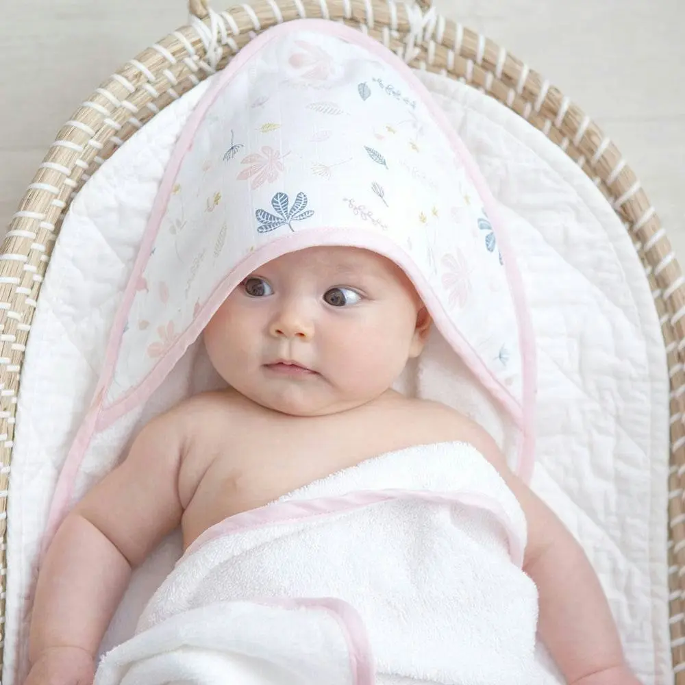 Living Textiles | Organic Muslin Hooded Towel - Botanical/Blush