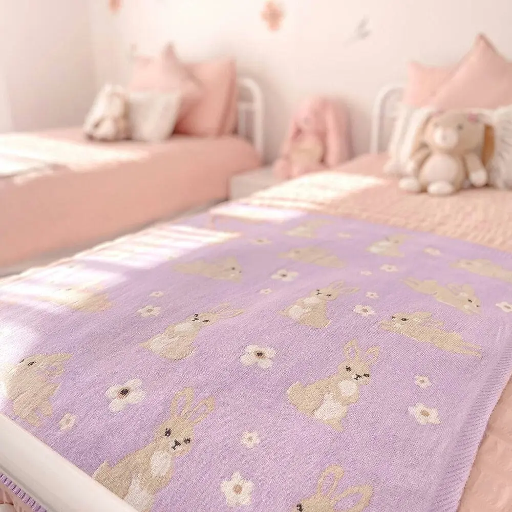 Living Textiles | 100% Cotton Whimsical Lilac Bunny Baby Blanket