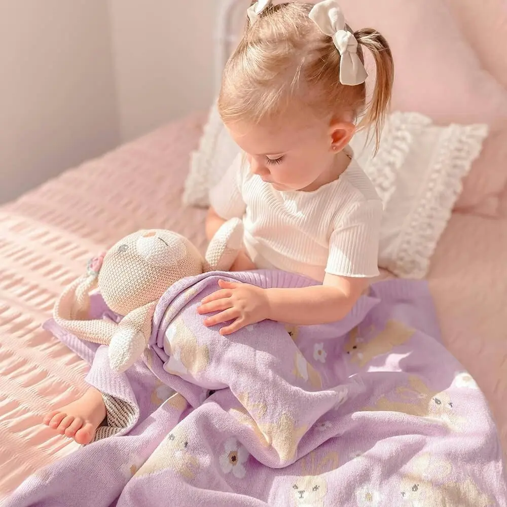 Living Textiles | 100% Cotton Whimsical Lilac Bunny Baby Blanket