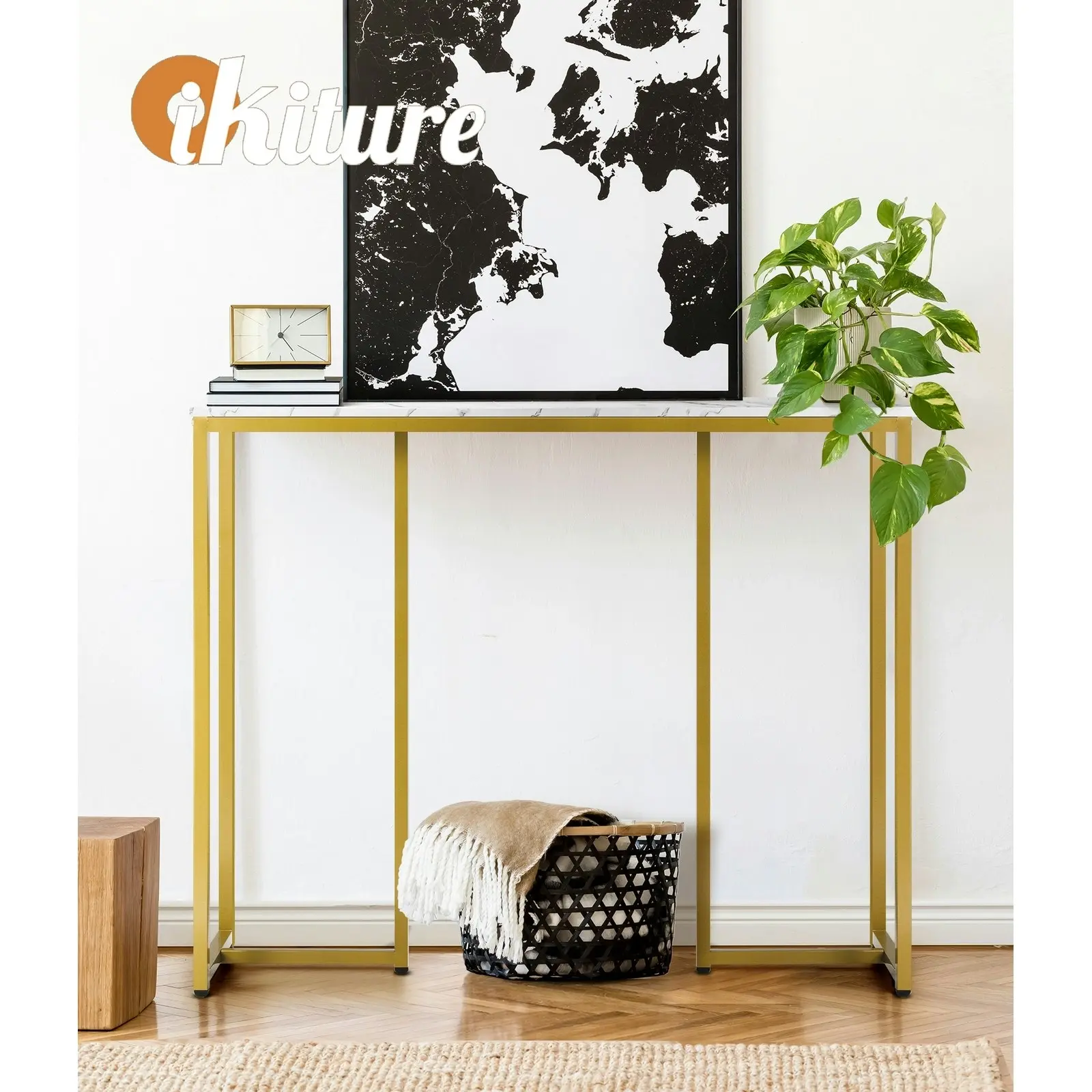 Oikiture Console Table Hallway Entry Side Tables Marble Effect Hall Display White&Gold