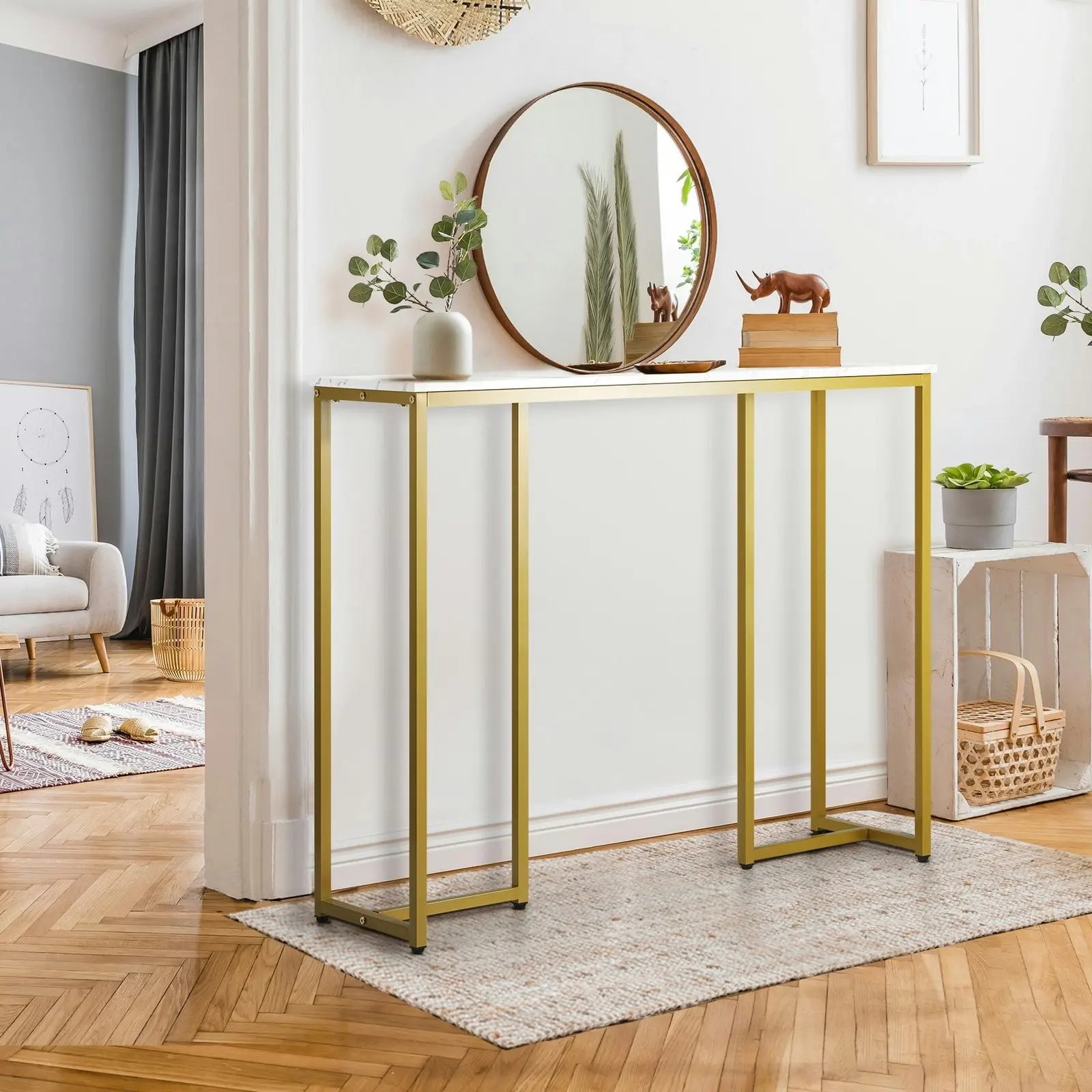 Oikiture Console Table Hallway Entry Side Tables Marble Effect Hall Display White&Gold