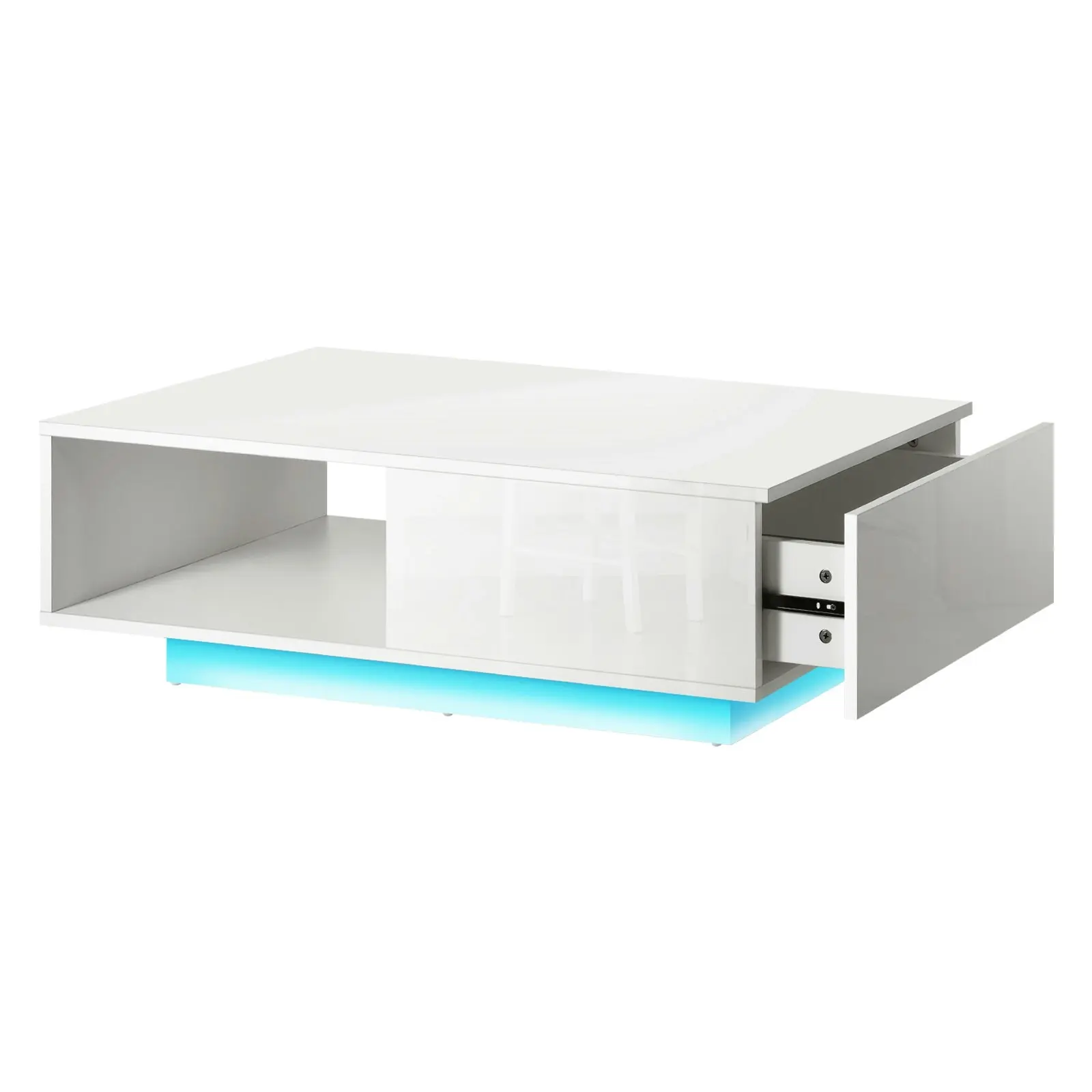 Oikiture Coffee Table LED Light High Gloss Storage Drawer Modern Furniture White