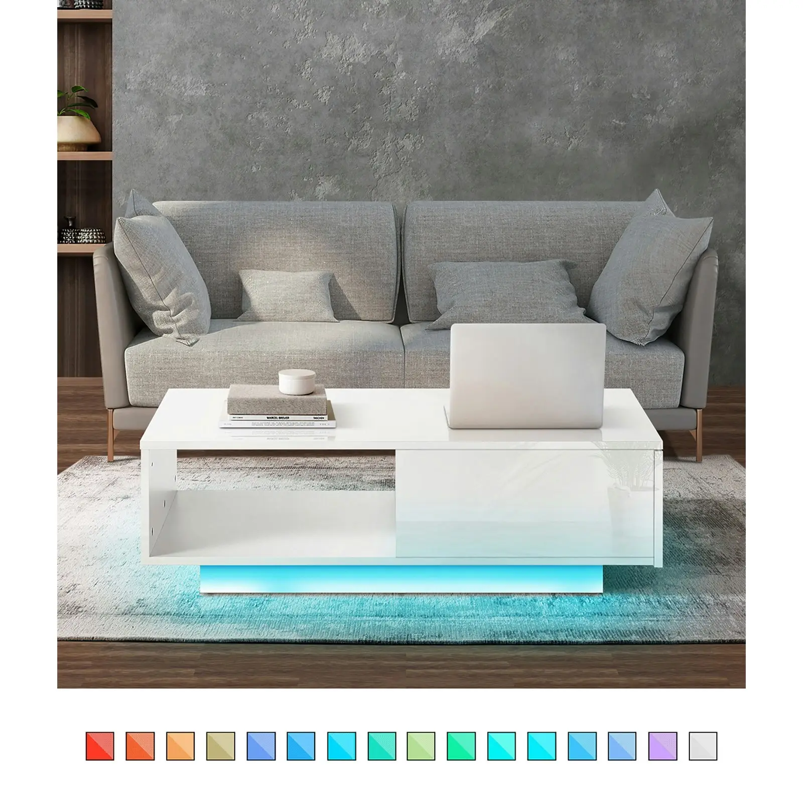 Oikiture Coffee Table LED Light High Gloss Storage Drawer Modern Furniture White