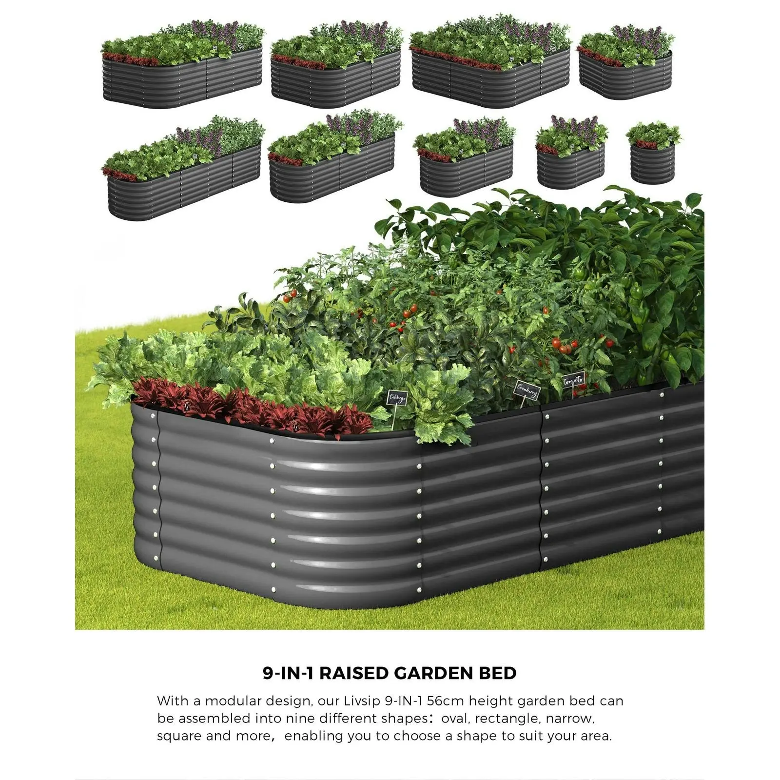 Livsip 9-IN-1 Raised Garden Bed Modular Kit Planter Oval Galvanised Steel 56CM H