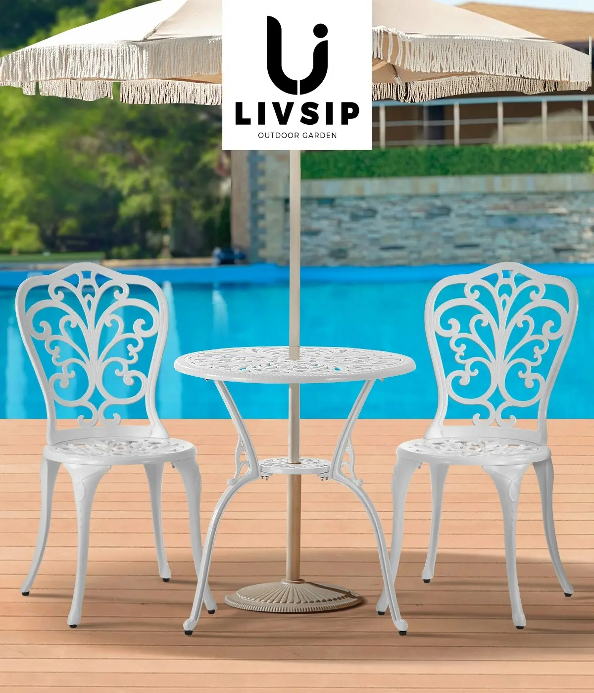 Livsip Bistro Outdoor Setting Chairs Table Patio Dining 3PCS Set Cast Aluminium