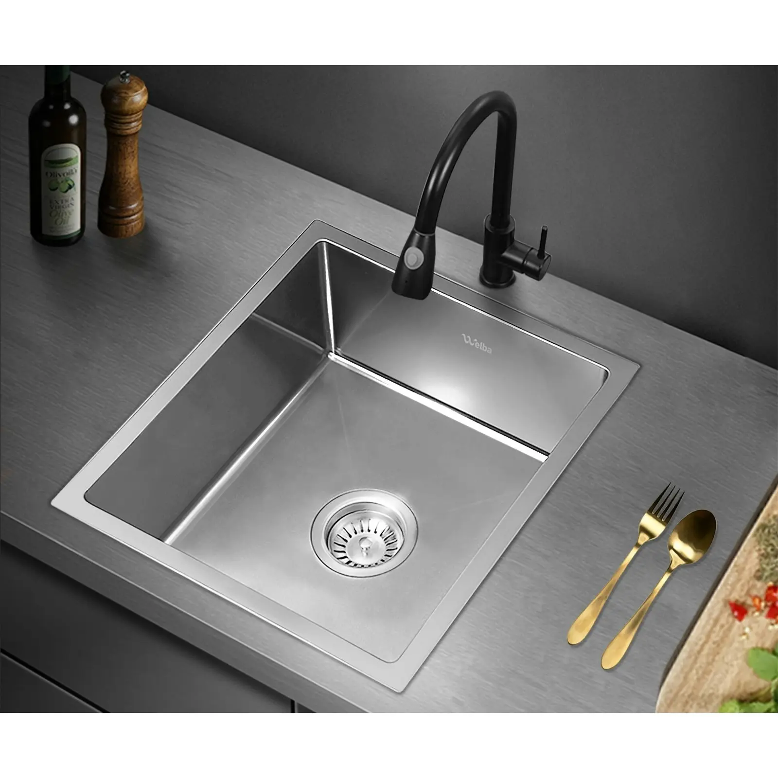 Welba Kitchen Sink Stainless Steel Bathroom Basin Single Silver 44X38CM