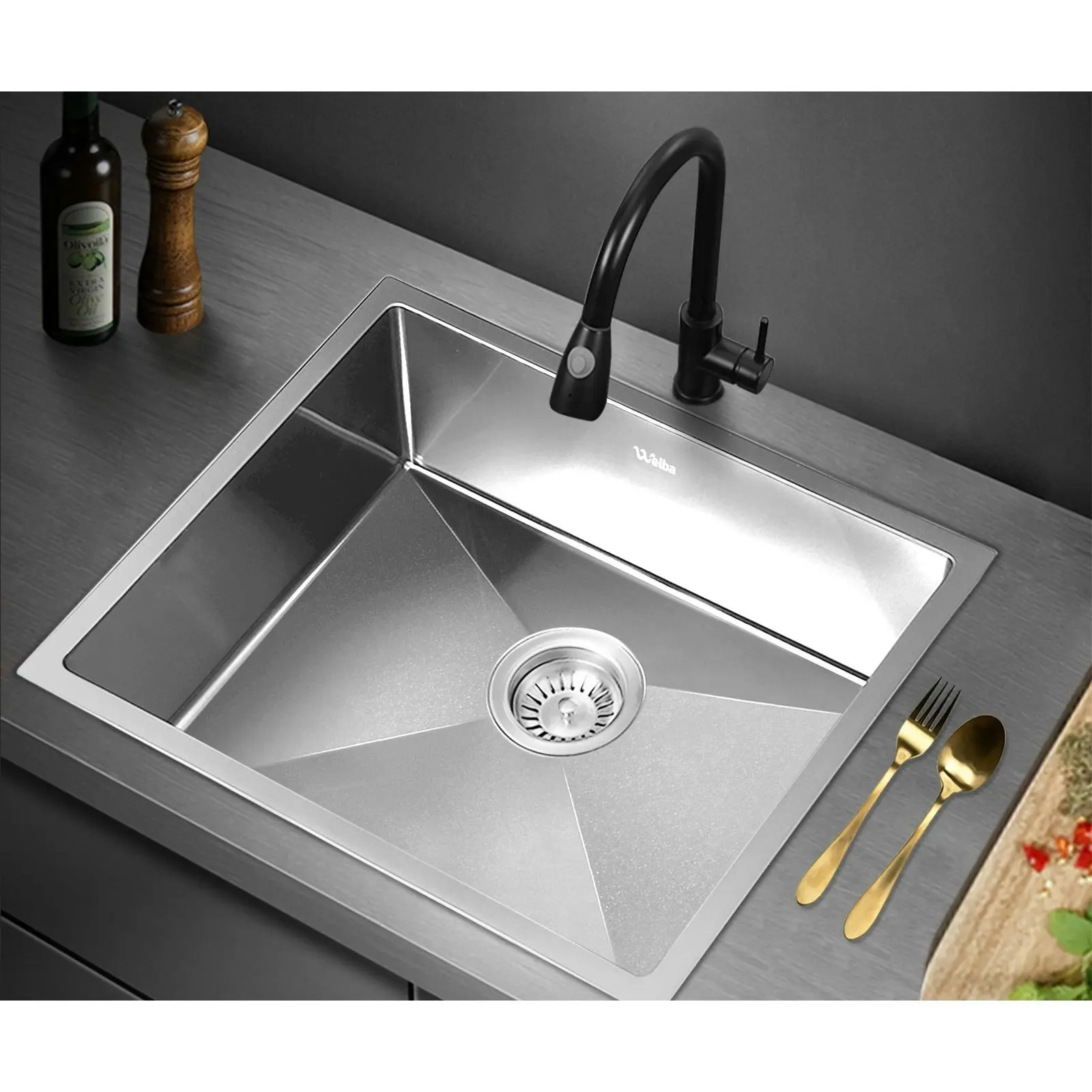 Welba Kitchen Sink Stainless Steel Bathroom Basin Single Silver 58X44CM