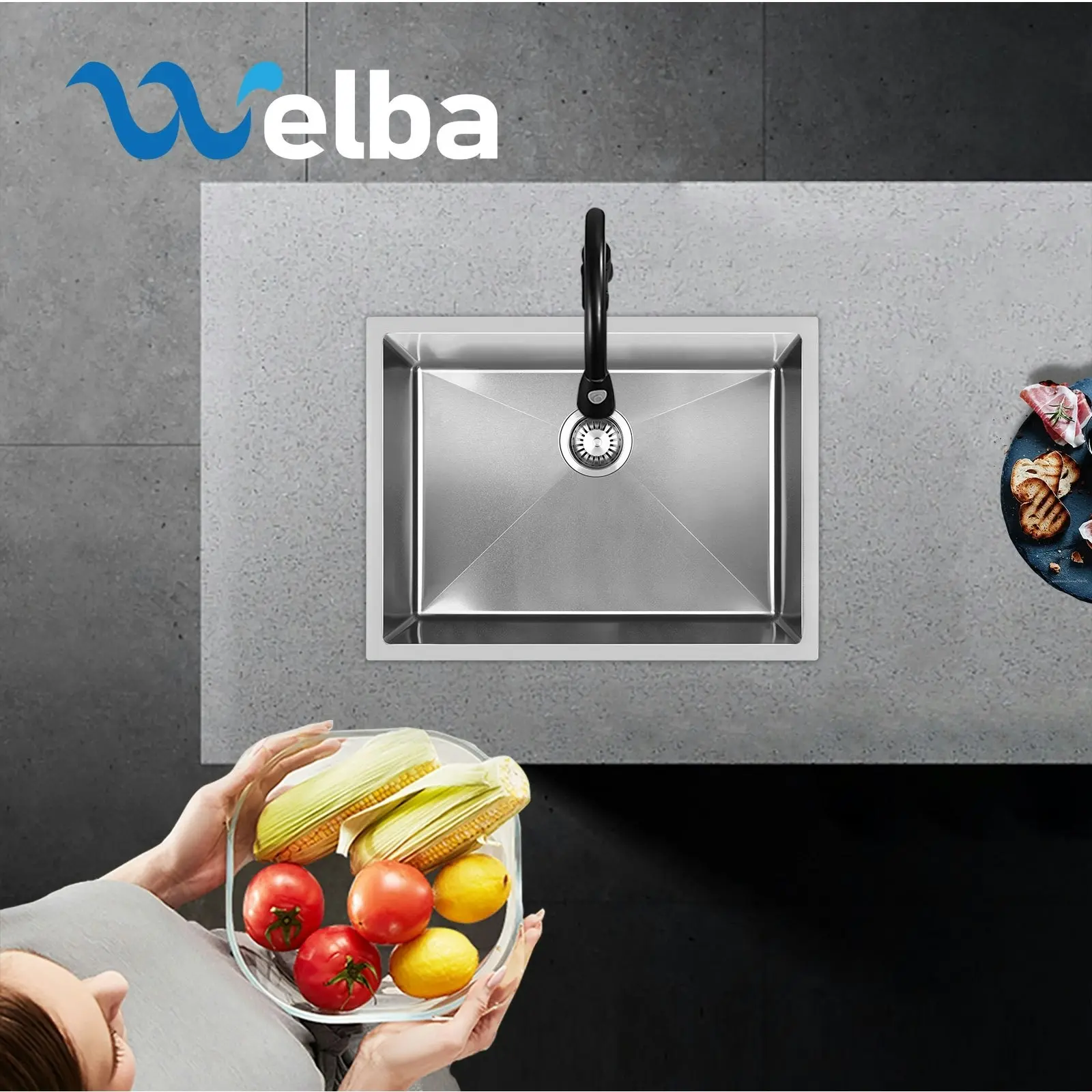 Welba Kitchen Sink Stainless Steel Bathroom Basin Single Silver 58X44CM