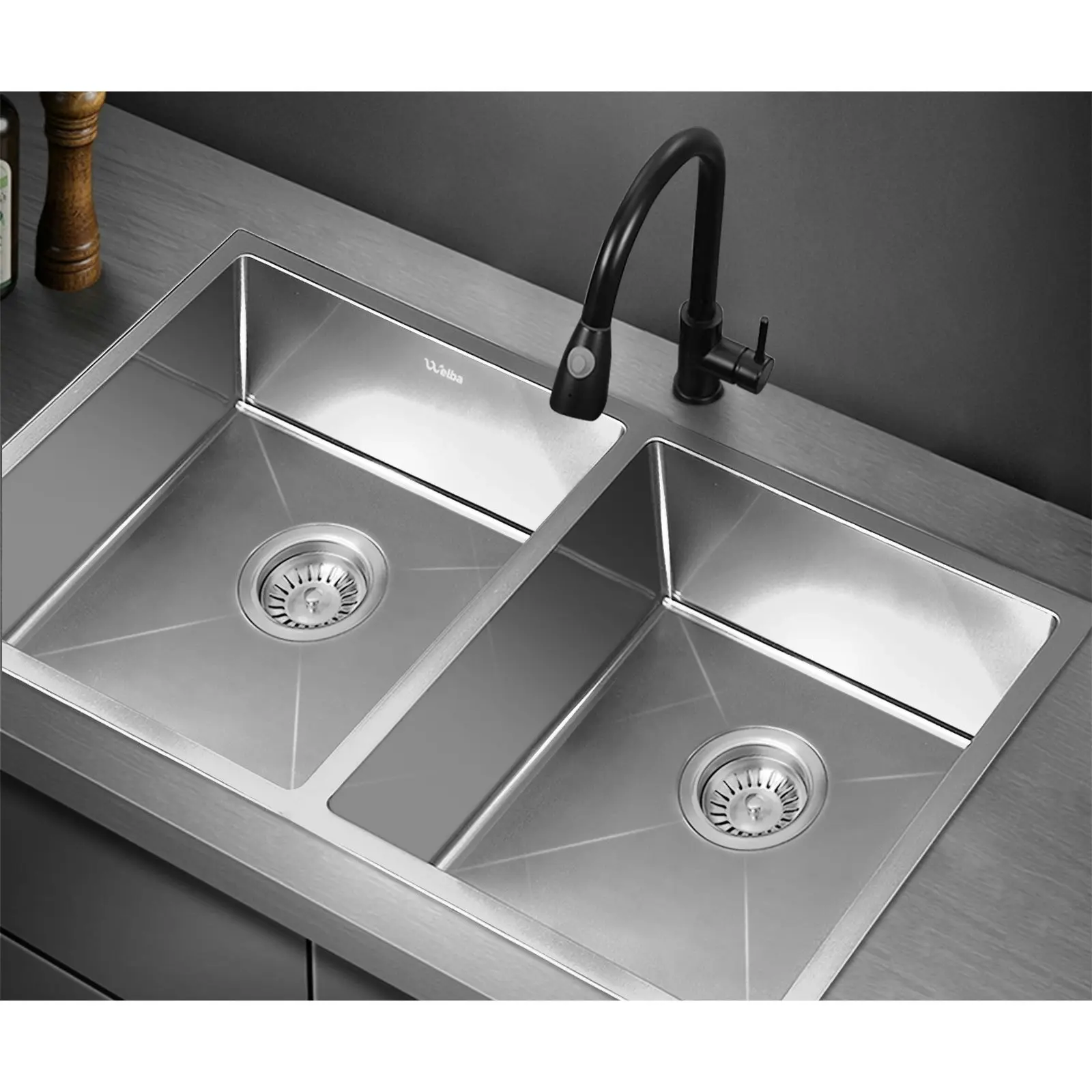 Welba Kitchen Sink Stainless Steel Bathroom Basin Double Silver 76X44CM