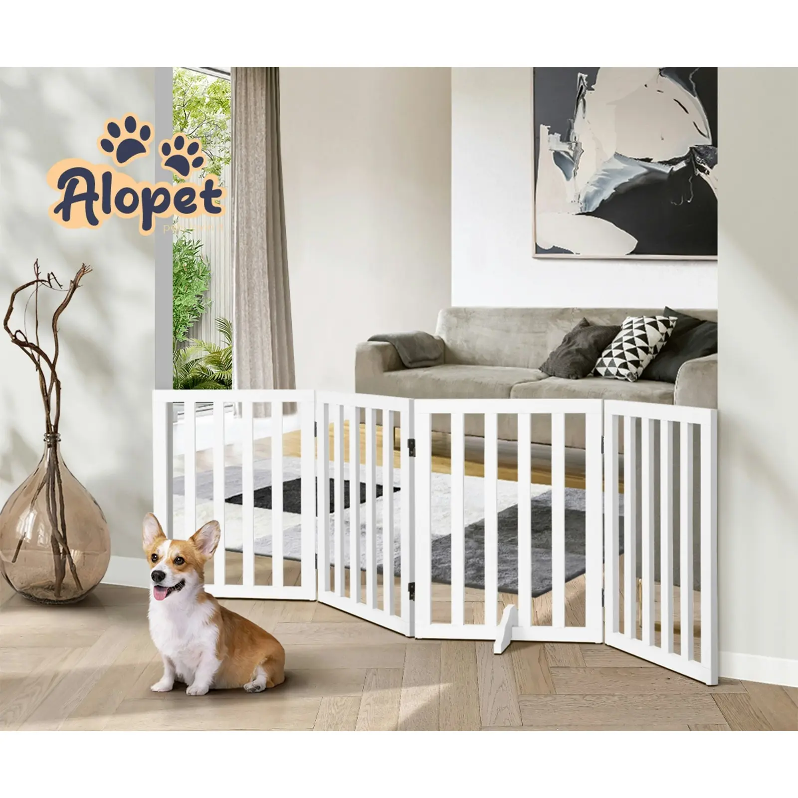 Alopet Wooden Pet Gate Dog Fence Safety Stair Barrier Security Door 4 Panels