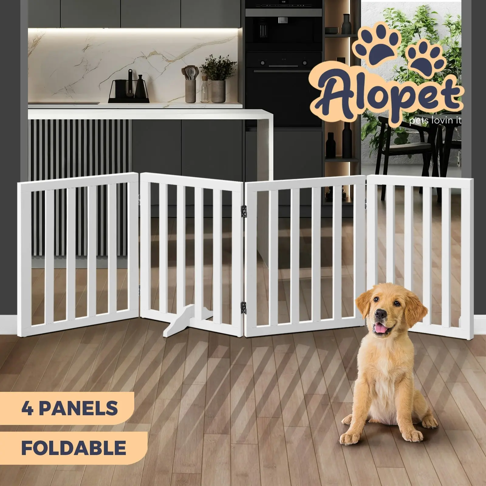 Alopet Wooden Pet Gate Dog Fence Safety Stair Barrier Security Door 4 Panels