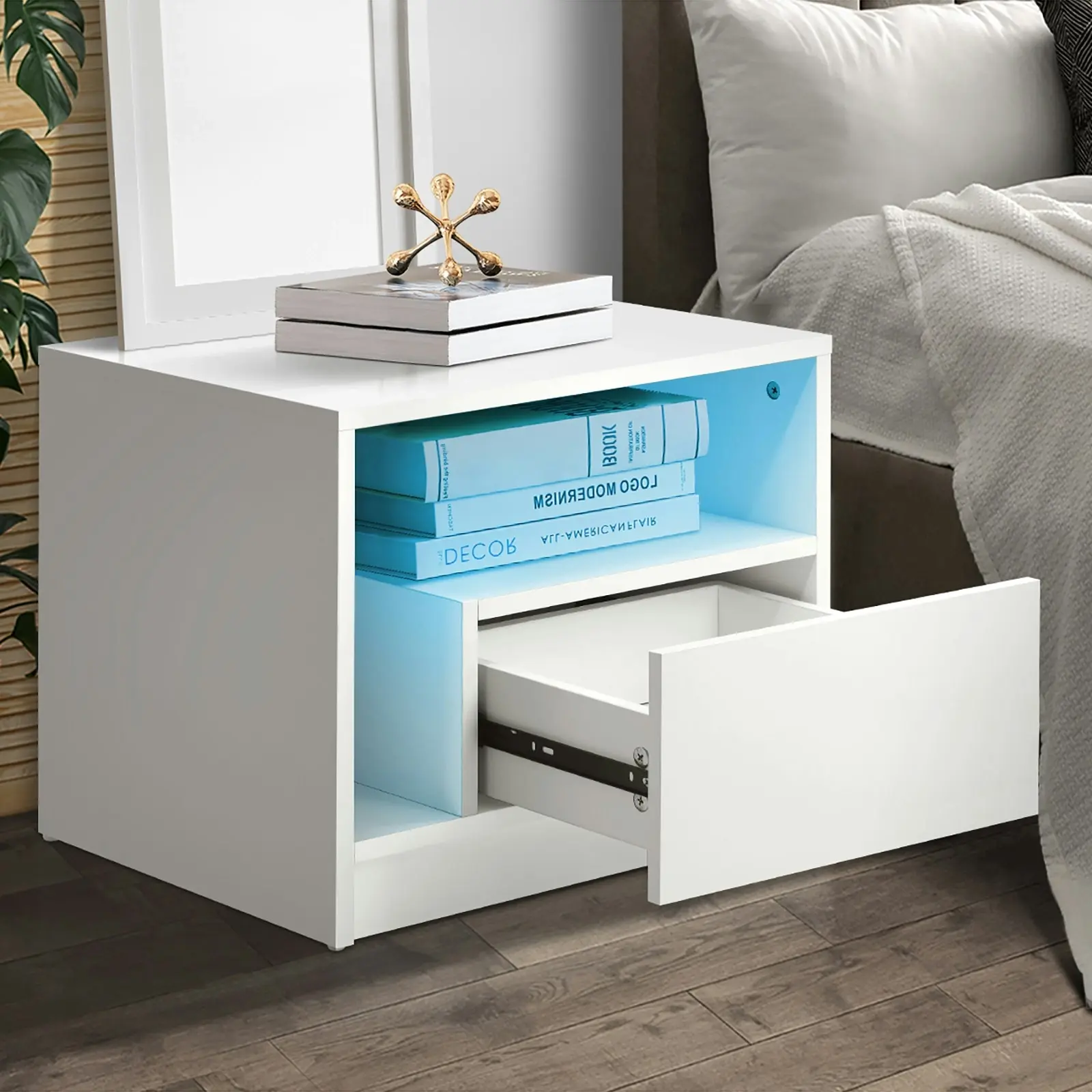 Oikiture Bedside Tables Side Table RGB LED Drawers High Gloss Furniture White