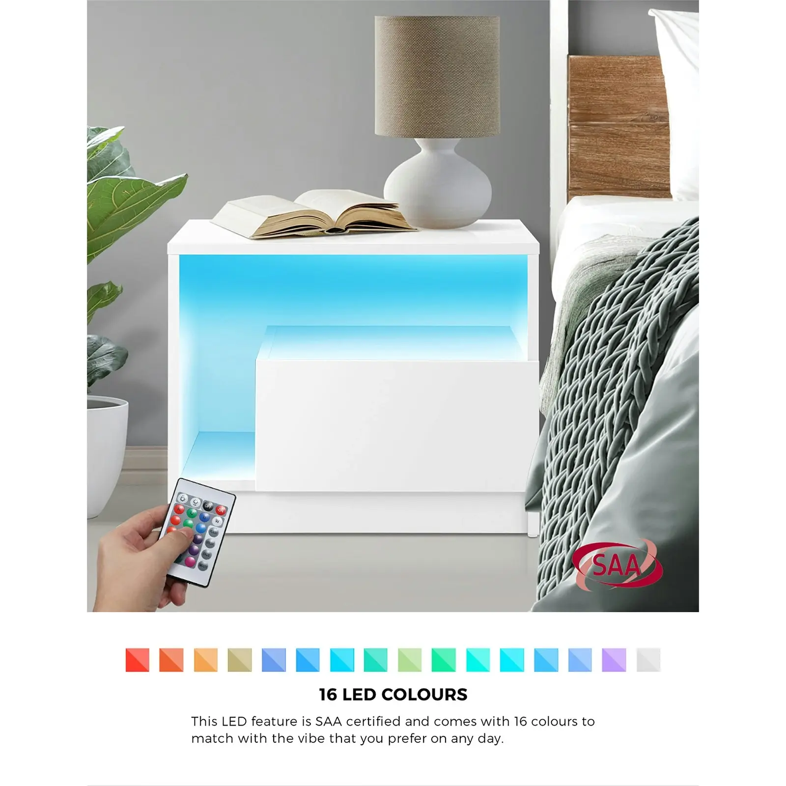 Oikiture Bedside Tables Side Table RGB LED Drawers High Gloss Furniture White