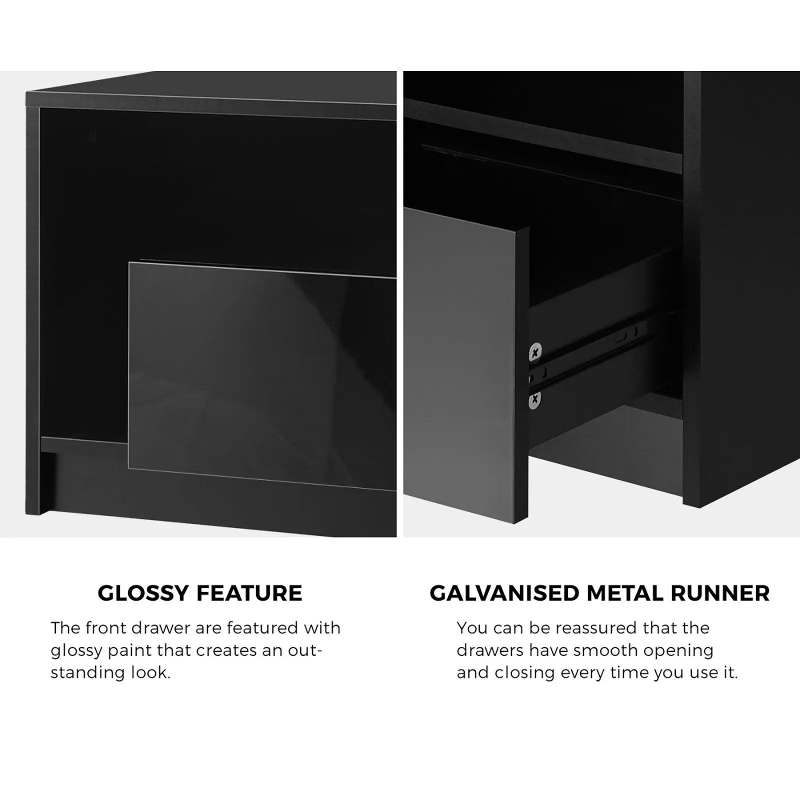 Oikiture Bedside Tables RGB LED Side Table Drawers High Gloss Nightstand Black