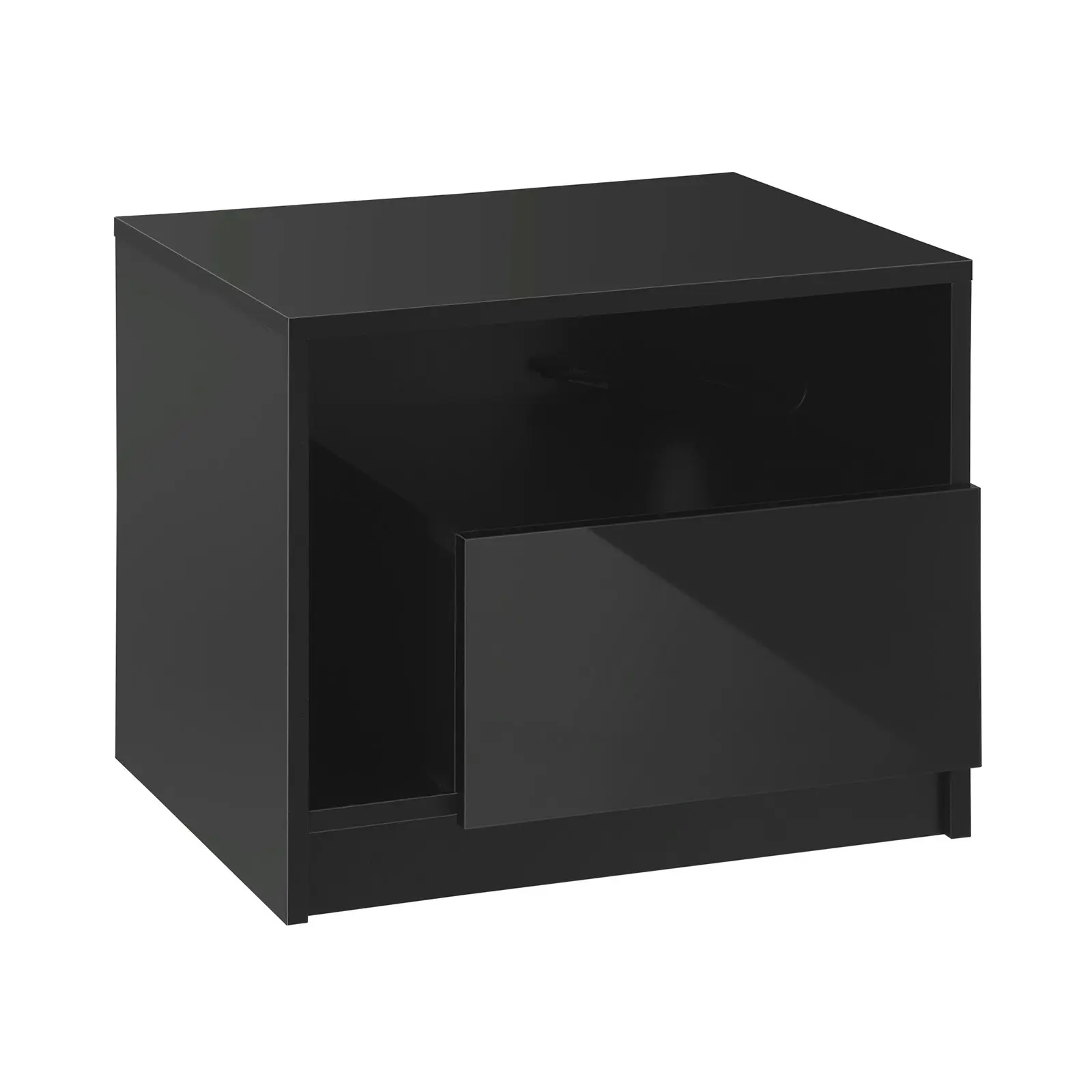 Oikiture Bedside Tables RGB LED Side Table Drawers High Gloss Nightstand Black