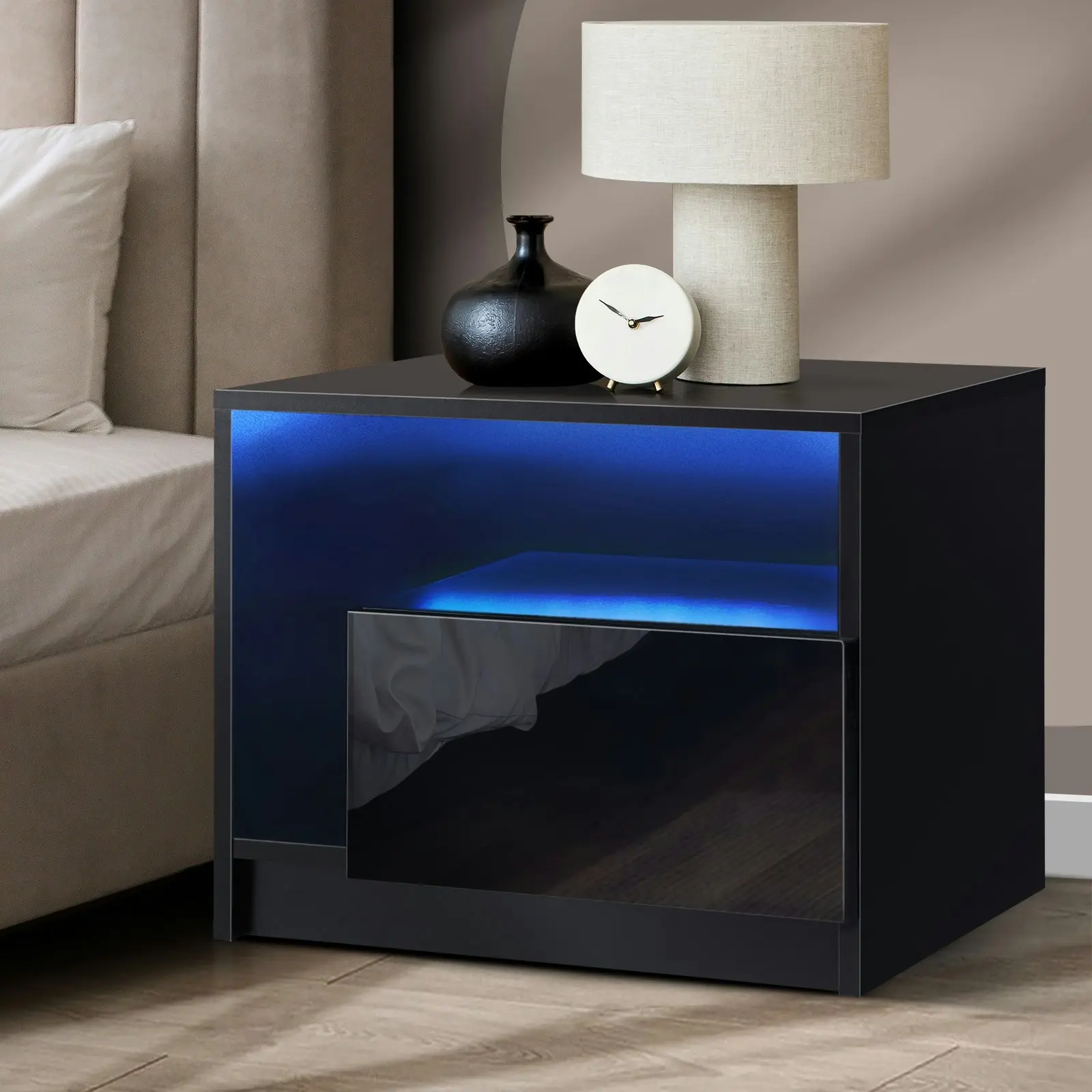 Oikiture Bedside Tables RGB LED Side Table Drawers High Gloss Nightstand Black