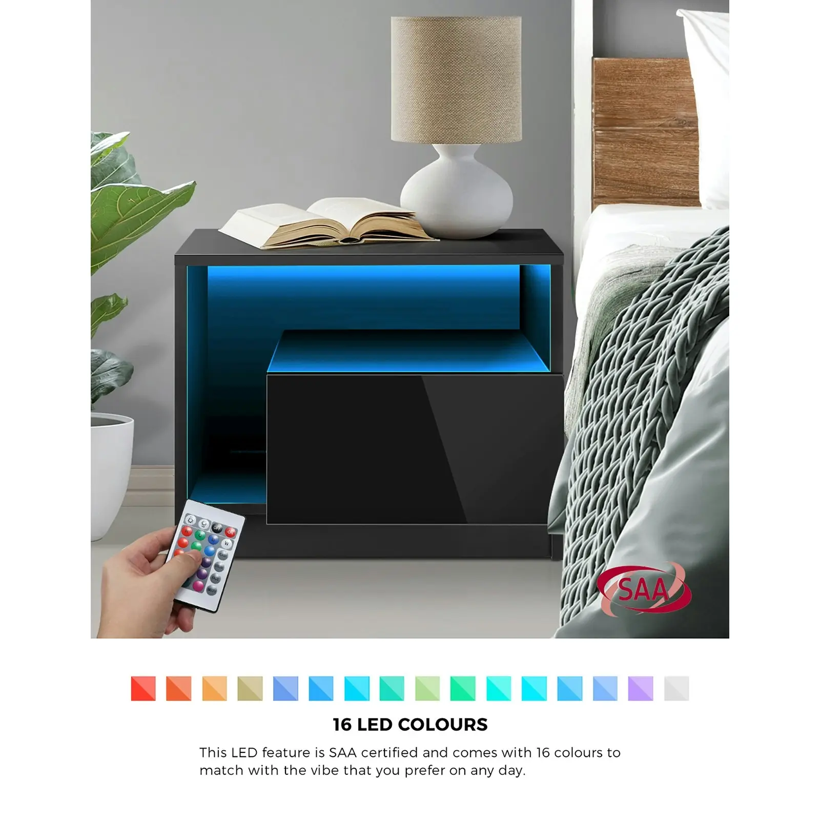 Oikiture Bedside Tables RGB LED Side Table Drawers High Gloss Nightstand Black