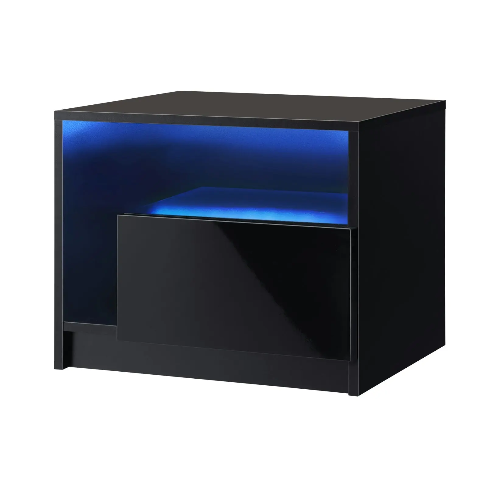 Oikiture Bedside Tables RGB LED Side Table Drawers High Gloss Nightstand Black