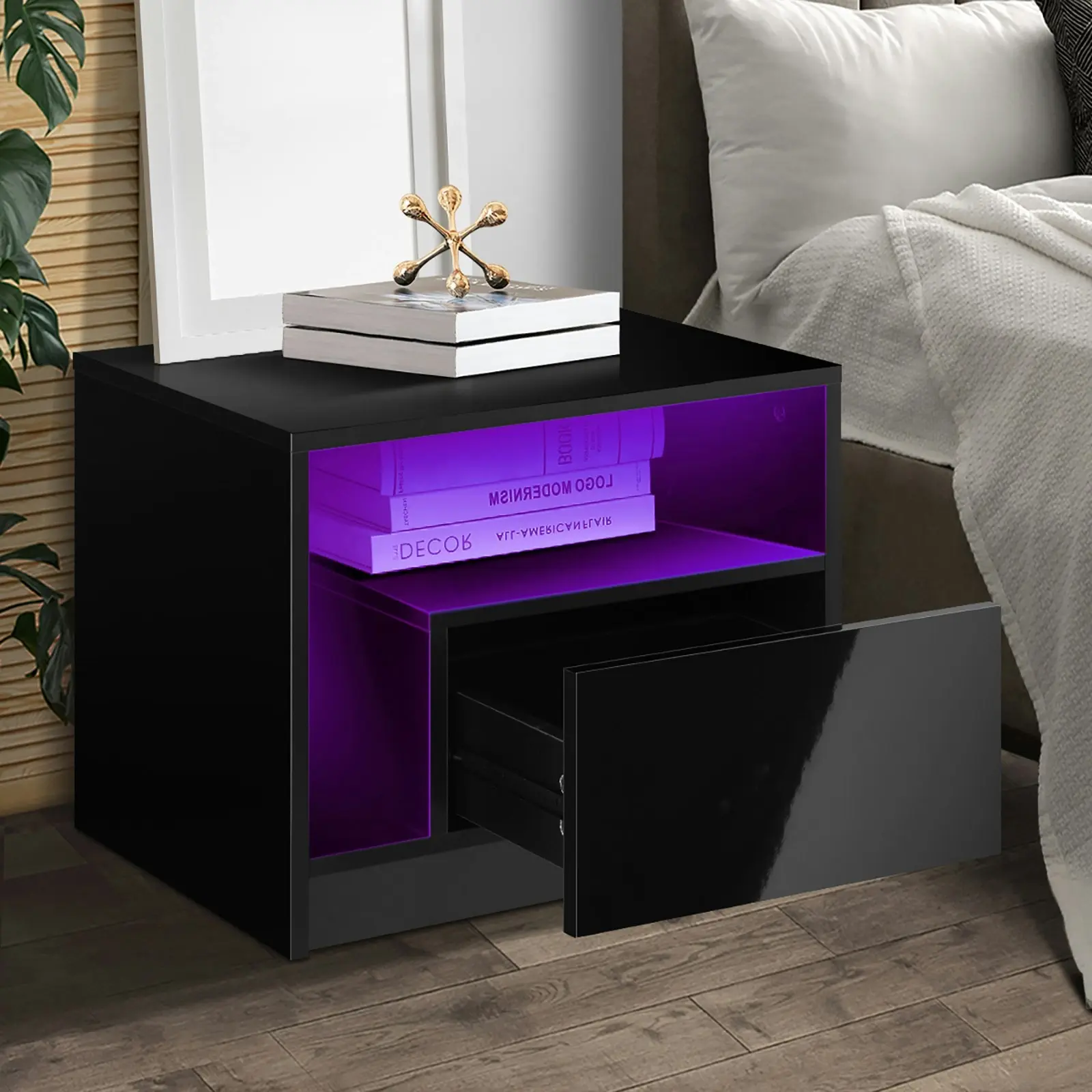 Oikiture Bedside Tables RGB LED Side Table Drawers High Gloss Nightstand Black